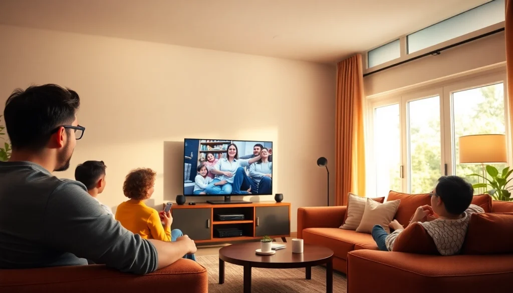 Experience IPTV Suisse with a family enjoying a cozy living room movie night.