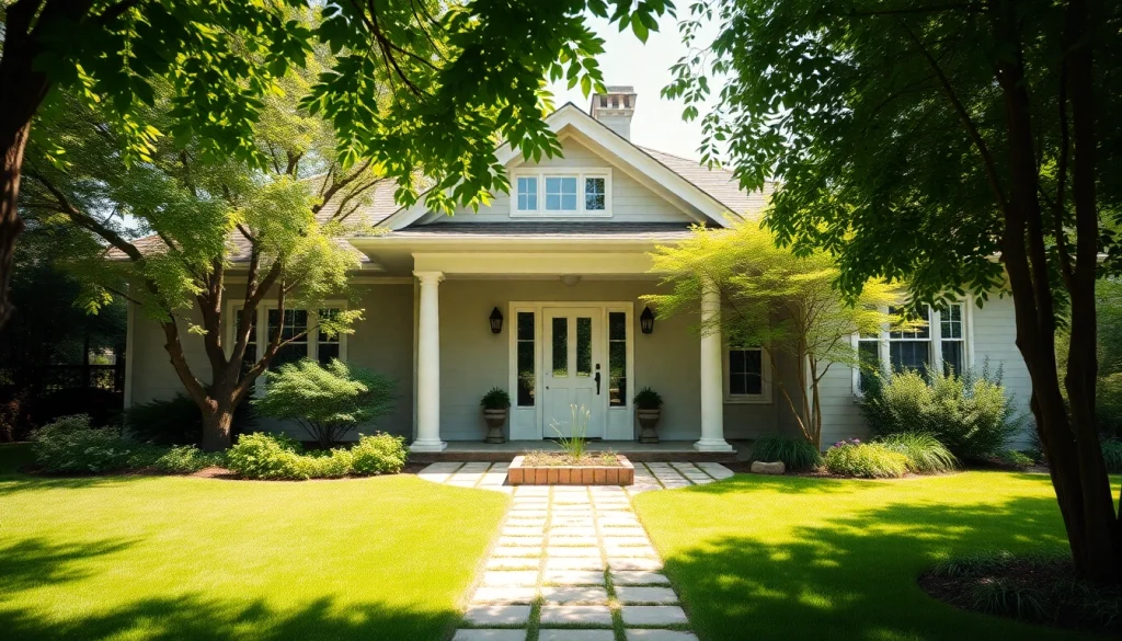 Buy a property featuring a modern home nestled in greenery, showcasing its inviting entrance.