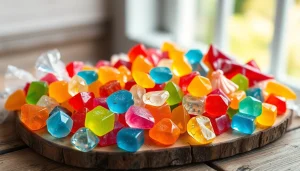 Enjoy vibrant and artisanal Gemini Crystal Candy arranged beautifully on a rustic backdrop.