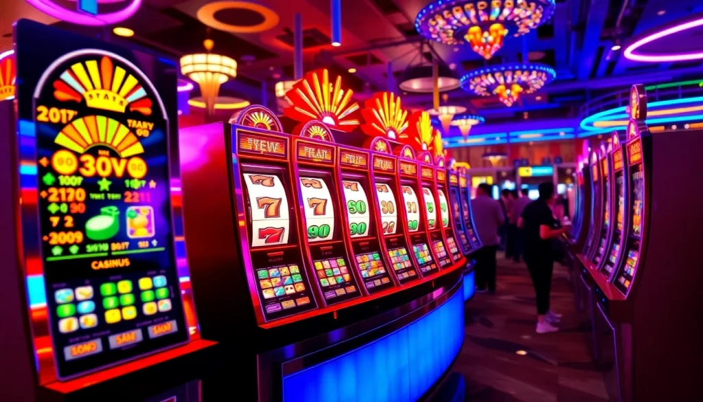 Experience the thrill of slot gacor with colorful spinning reels and vibrant casino atmosphere.