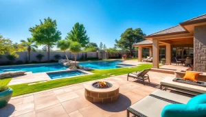 Stunning view of Hardscapes & Pools with elegant patio, crystal-clear pool, and lush landscaping.