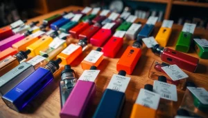 Showcasing dummy vapes price on colorful devices against a wooden background.