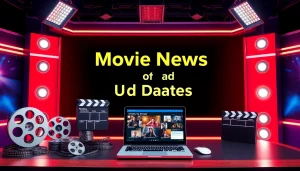 Catch the latest movie news and updates with a vibrant film industry news setup featuring film reels and a laptop.