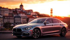 A luxury sedan representing professional hire car with driver Lisbon against a stunning sunset backdrop.