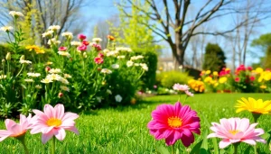 Spring clean up in a vibrant garden with blooming flowers and freshly cut grass.