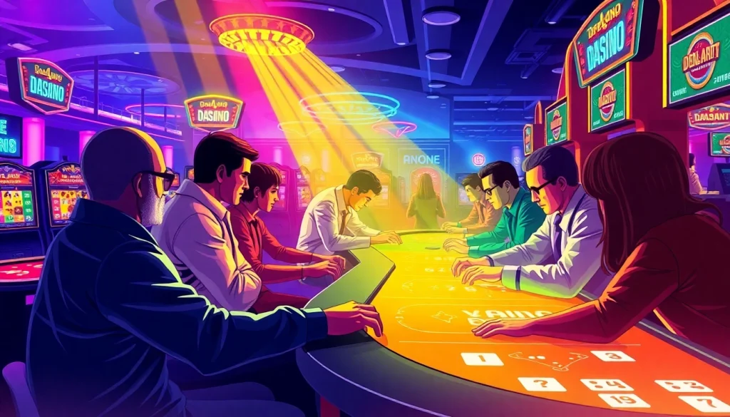 Players engaging in the Daman color game at a lively casino, showcasing vibrant colors and excitement.