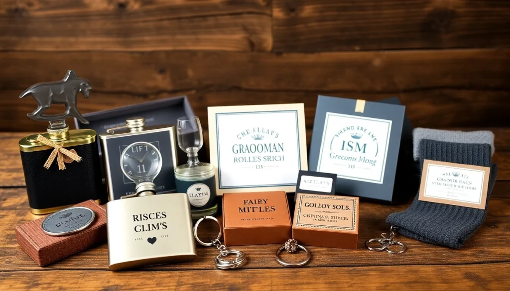 Showcase stylish cheap groomsmen gifts including personalized flasks and keychains arranged elegantly on a table.