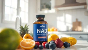 Highlighting the NAD Supplement bottle surrounded by fresh fruits in a bright kitchen.