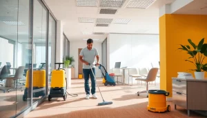 Professional cleaners performing Jacksonville commercial cleaning in a bright office space, showcasing efficiency and care.