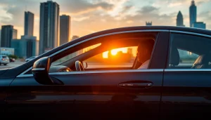 Experience the luxury hire car with driver Kuala Lumpur in a stunning cityscape at sunset.