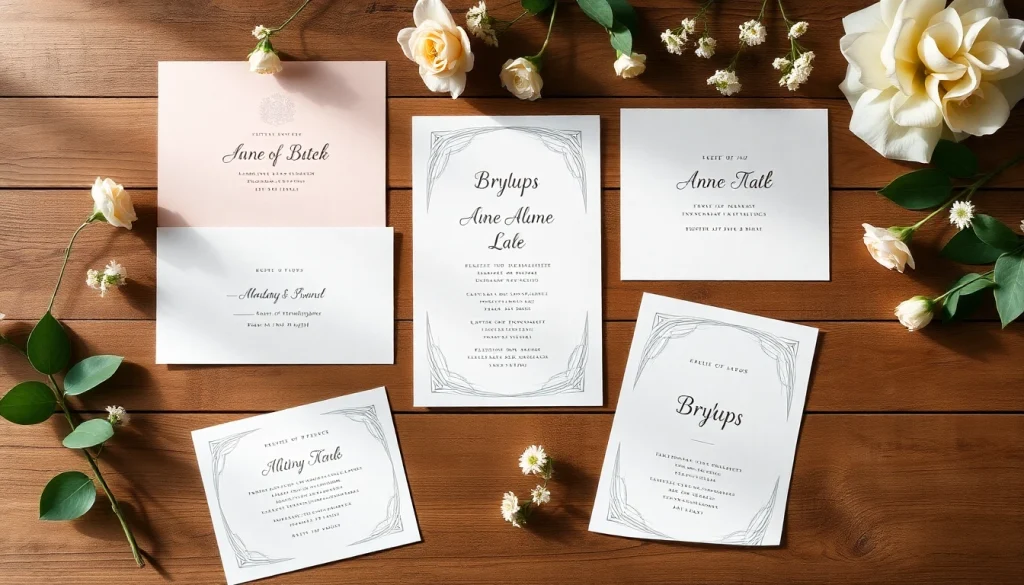 Create unique bryllups invitation designs showcasing floral elements and elegant typography for a memorable wedding.