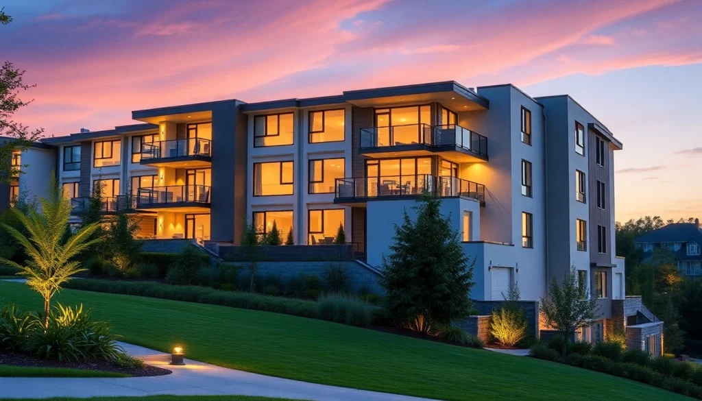 View the Margaret Drive condo featuring contemporary architecture and beautiful gardens at twilight.