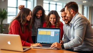 Team analyzing payroll software on a laptop in an office environment, enhancing collaborative efficiency.