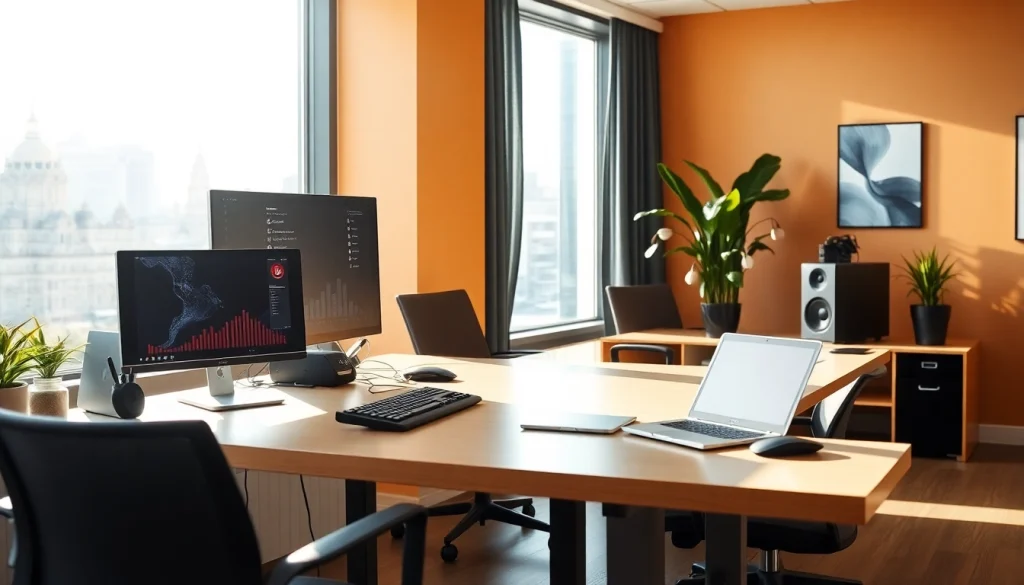 Tech gadgets displayed on a sleek modern desk in a well-lit workspace.