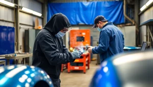 Workers in Birmingham applying powder coating to metal parts, showcasing a vibrant workshop environment.