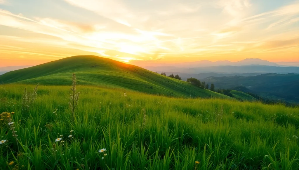 Admire the serene hillside landscape at sunset, evoking feelings of peace and connection to nature, Here embraced by wildflowers.