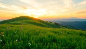 Admire the serene hillside landscape at sunset, evoking feelings of peace and connection to nature, Here embraced by wildflowers.