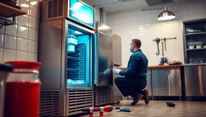 Expert technician performing ice machine repair in a modern kitchen, ensuring high efficiency.