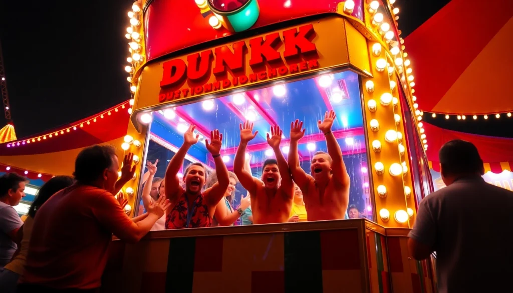 Dunking Booth featuring participants ready to take the plunge with colorful balloons in the background.