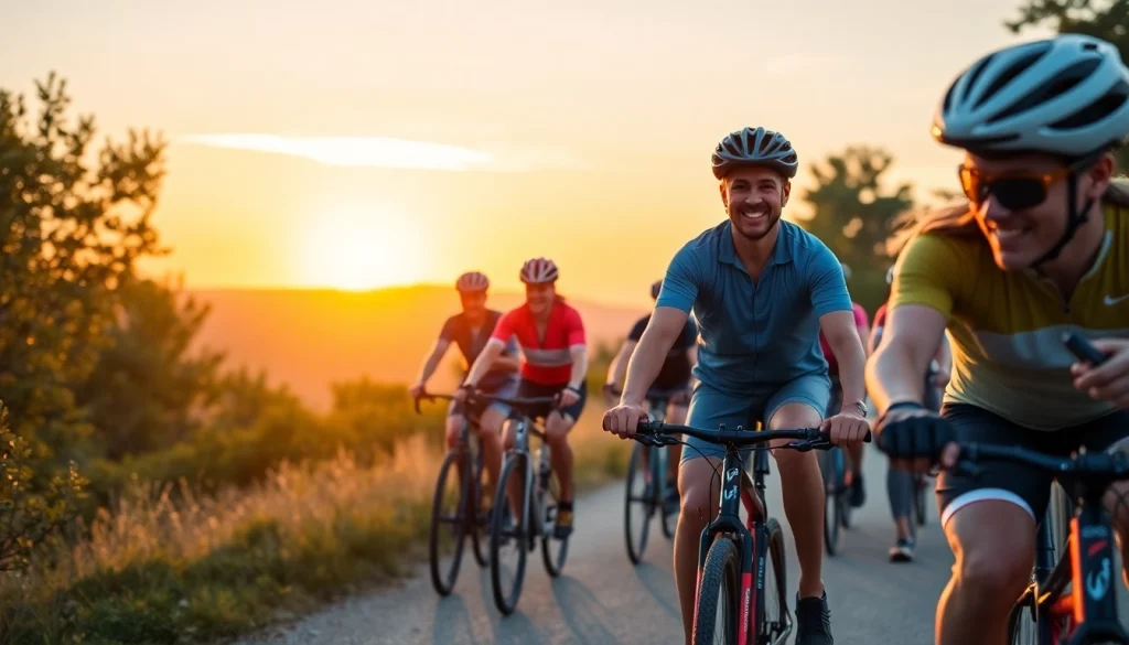 Cycling on a scenic trail at sunset, showcasing diverse cyclists in motion.