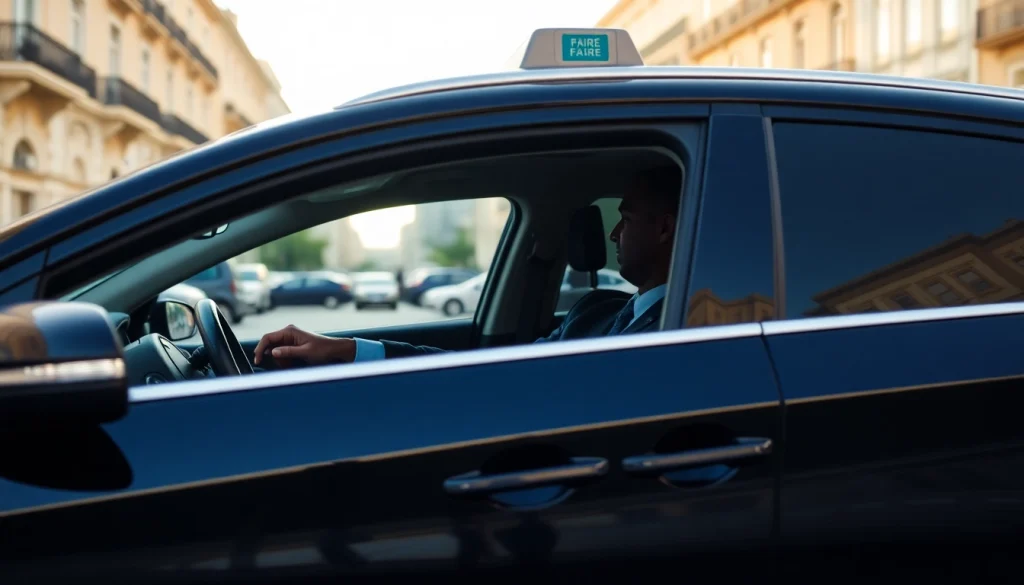 Professional hire car with driver Lisbon awaits clients outside a scenic Lisbon backdrop.