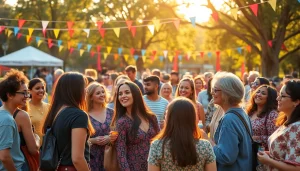 Enjoy a vibrant community gathering in the park, where people connect and celebrate together, highlighting the word Here.