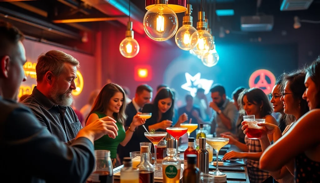 Participants enjoying a cocktailkurs, mixing drinks while learning from professional bartenders.