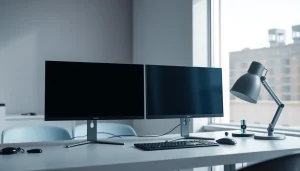 Effectively demonstrating dual monitor install in a modern workspace with clean aesthetics.