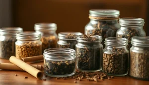 Tobacco Replacement products in glass jars showcasing various herbal blends on a wooden table.