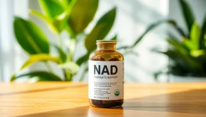 Enhance your wellness with this premium NAD Supplement bottle displayed in a serene setting.