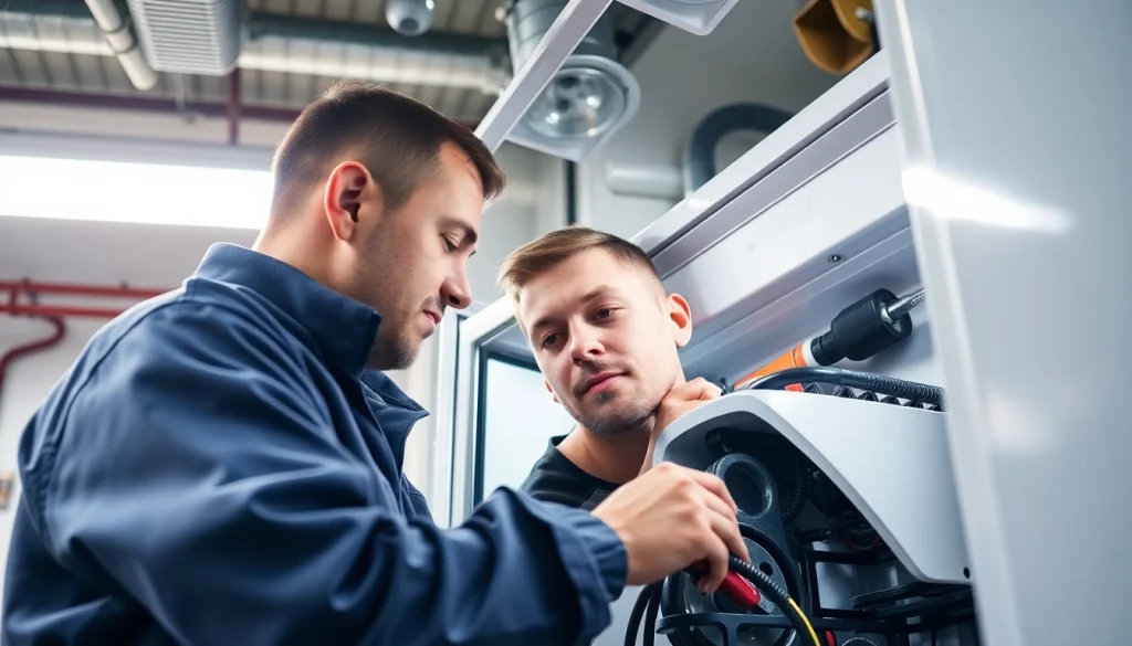 Technician performing ice machine repair with tools in a well-lit workspace, demonstrating expertise.