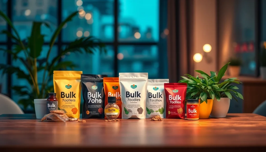 Showcasing Bulk 7oh products with diverse packaging options and natural elements for an engaging visual experience.